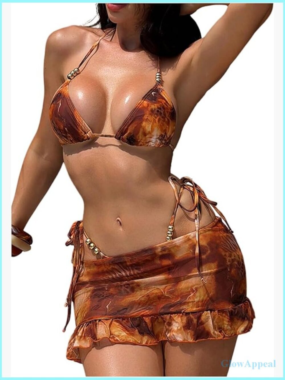 3 Piece Cheetah Tie Dye Bikini Set with Beach Skirt Halter Swimsuits